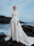 Load image into Gallery viewer, White Statement Wedding Dress with Flowing Skirt and Refined Bridal Silhouette