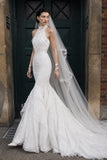 Load image into Gallery viewer, White Wedding Gown with Graceful Full Length Silhouette and Dramatic Bridal Train