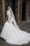 Load image into Gallery viewer, White Wedding Gown with Graceful Full Length Silhouette and Dramatic Bridal Train