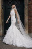 Load image into Gallery viewer, White Wedding Gown with Graceful Full Length Silhouette and Dramatic Bridal Train