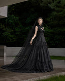 Load image into Gallery viewer, Black Gothic Bridal Gown with Dramatic Train, Alternative Wedding Dress