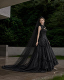Load image into Gallery viewer, Black Gothic Bridal Gown with Dramatic Train, Alternative Wedding Dress