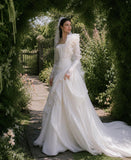 Load image into Gallery viewer, White Wedding Gown with Graceful Full Length Silhouette and Dramatic Bridal Train