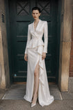 Load image into Gallery viewer, Ivory Blazer Dress with Slit, Tailored Formal Gown for Reception and Evening Event
