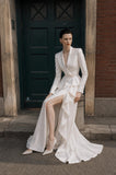 Load image into Gallery viewer, Ivory Blazer Dress with Slit, Tailored Formal Gown for Reception and Evening Event