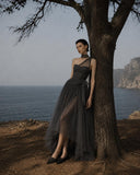 Load image into Gallery viewer, Silver Gray Layered Midi Dress, Sheer Look Formal Outfit for Reception and Gala