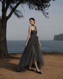 Load image into Gallery viewer, Silver Gray Layered Midi Dress, Sheer Look Formal Outfit for Reception and Gala