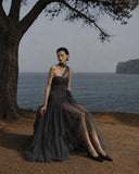 Load image into Gallery viewer, Silver Gray Layered Midi Dress, Sheer Look Formal Outfit for Reception and Gala