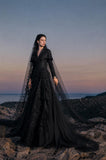 Load image into Gallery viewer, Black Gothic Bridal Gown with Dramatic Train, Alternative Wedding Dress