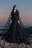 Load image into Gallery viewer, Black Gothic Bridal Gown with Dramatic Train, Alternative Wedding Dress