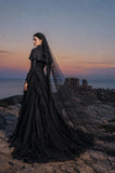 Load image into Gallery viewer, Black Gothic Bridal Gown with Dramatic Train, Alternative Wedding Dress