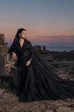 Load image into Gallery viewer, Black Gothic Bridal Gown with Dramatic Train, Alternative Wedding Dress