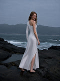 Load image into Gallery viewer, White Slit Midi Dress, Elegant Formal Party Dress for Reception and Special Event