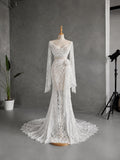 Load image into Gallery viewer, White Lace Wedding Dress with Draped Neckline, Long Sleeves and Floral Waist Detail