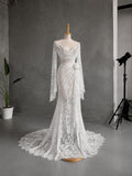 Load image into Gallery viewer, White Lace Wedding Dress with Draped Neckline, Long Sleeves and Floral Waist Detail