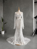 Load image into Gallery viewer, White Lace Wedding Dress with Draped Neckline, Long Sleeves and Floral Waist Detail