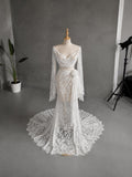 Load image into Gallery viewer, White Lace Wedding Dress with Draped Neckline, Long Sleeves and Floral Waist Detail