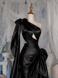 Load image into Gallery viewer, Black One Shoulder Evening Gown with Draped Bodice, Statement Bows and Dramatic Formal Silhouette