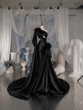 Load image into Gallery viewer, Black One Shoulder Evening Gown with Draped Bodice, Statement Bows and Dramatic Formal Silhouette