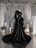 Load image into Gallery viewer, Black One Shoulder Evening Gown with Draped Bodice, Statement Bows and Dramatic Formal Silhouette