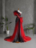 Load image into Gallery viewer, Red and Black Asymmetrical Evening Dress with Sculptural Bows and Dramatic Draped Silhouette