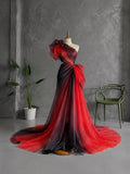 Load image into Gallery viewer, Red and Black Asymmetrical Evening Dress with Sculptural Bows and Dramatic Draped Silhouette