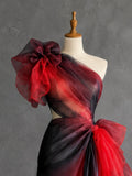 Load image into Gallery viewer, Red and Black Asymmetrical Evening Dress with Sculptural Bows and Dramatic Draped Silhouette