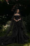 Load image into Gallery viewer, Black Alternative Wedding Gown with Flowing Train and Gothic Bridal Style