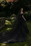 Load image into Gallery viewer, Black Alternative Wedding Gown with Flowing Train and Gothic Bridal Style