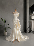 Load image into Gallery viewer, White Off Shoulder Bridal Gown with Flowing Skirt and Dramatic Train