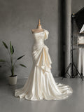 Load image into Gallery viewer, White Off Shoulder Bridal Gown with Flowing Skirt and Dramatic Train