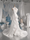 Load image into Gallery viewer, White One Shoulder Evening Gown, Draped Floor Length Formal Dress with Elegant Train