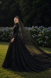 Load image into Gallery viewer, Black Gothic Bridal Gown with Dramatic Train, Alternative Wedding Dress
