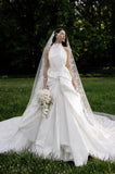 Load image into Gallery viewer, White Wedding Gown with Graceful Full Length Silhouette and Dramatic Bridal Train