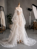 Load image into Gallery viewer, White One Shoulder Wedding Gown, Long Sleeve Bridal Dress, Flowing Train Formal Ceremony Gown