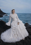 Load image into Gallery viewer, White Wedding Gown with Graceful Full Length Silhouette and Dramatic Bridal Train
