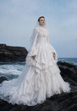 Load image into Gallery viewer, White Wedding Gown with Graceful Full Length Silhouette and Dramatic Bridal Train