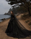 Load image into Gallery viewer, Black Gothic Wedding Dress with Elegant Train, Dark Romantic Bridal Gown