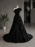 Load image into Gallery viewer, Ivory One Shoulder Evening Gown, Draped Formal Dress with Sweeping Train, Elegant Wedding Reception Gown