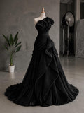 Load image into Gallery viewer, Ivory One Shoulder Evening Gown, Draped Formal Dress with Sweeping Train, Elegant Wedding Reception Gown