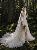 Load image into Gallery viewer, Ivory Wedding Gown with Graceful Full Length Silhouette and Dramatic Bridal Train