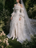 Load image into Gallery viewer, White Formal Bridal Dress with Elegant Train, Romantic Wedding Gown