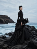 Load image into Gallery viewer, Black Gothic Bridal Gown with Dramatic Train, Alternative Wedding Dress