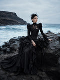 Load image into Gallery viewer, Black Gothic Bridal Gown with Dramatic Train, Alternative Wedding Dress
