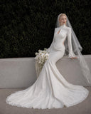 Load image into Gallery viewer, White Wedding Gown with Graceful Full Length Silhouette and Dramatic Bridal Train