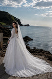 Load image into Gallery viewer, White Wedding Gown with Graceful Full Length Silhouette and Dramatic Bridal Train