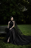 Load image into Gallery viewer, Black Alternative Wedding Gown with Flowing Train and Gothic Bridal Style