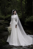 Load image into Gallery viewer, White Wedding Gown with Graceful Full Length Silhouette and Dramatic Bridal Train