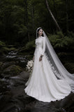 Load image into Gallery viewer, White Wedding Gown with Graceful Full Length Silhouette and Dramatic Bridal Train
