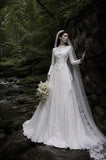 Load image into Gallery viewer, White Wedding Gown with Graceful Full Length Silhouette and Dramatic Bridal Train